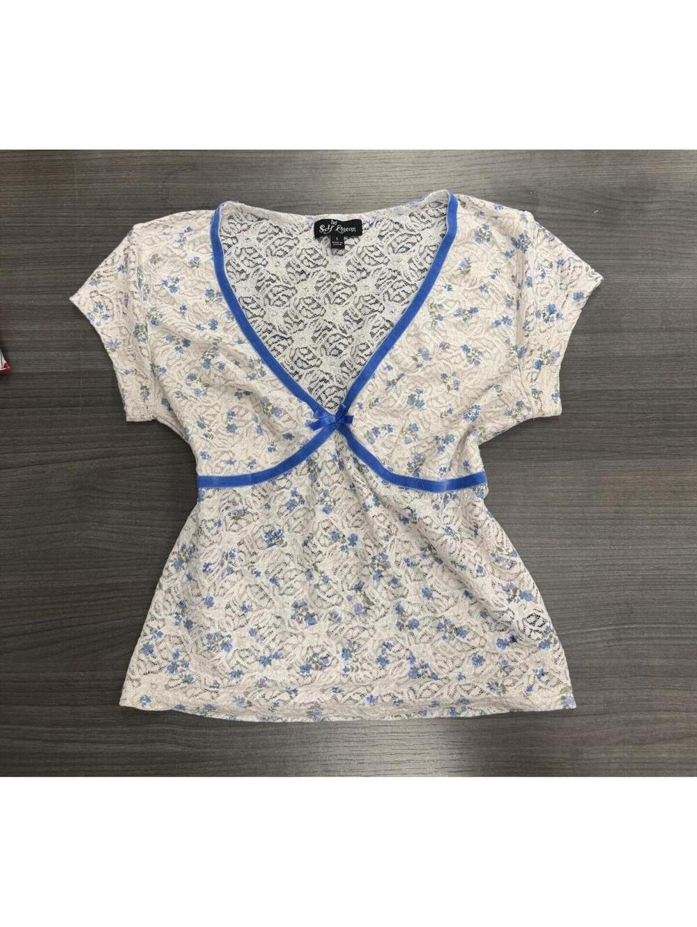 Self Esteem Lace Floral Top Blue Trim Size S